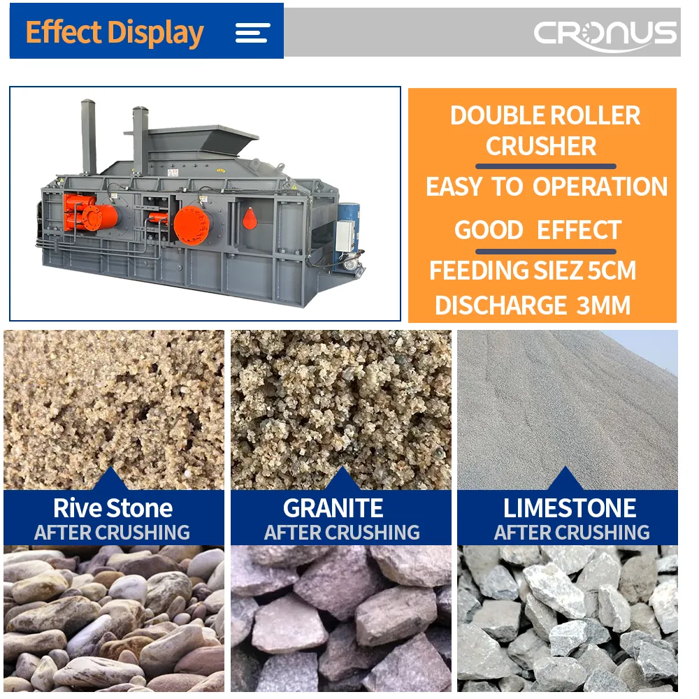 River stone, granite and limestone samples before and after double roller crushing